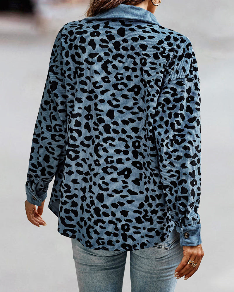 Leopard Jacket Long Sleeve Lapel Button Down Corduroy Shirts