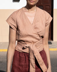 V-neck Slanted Breast Cotton and Linen Tie Waist Short Top