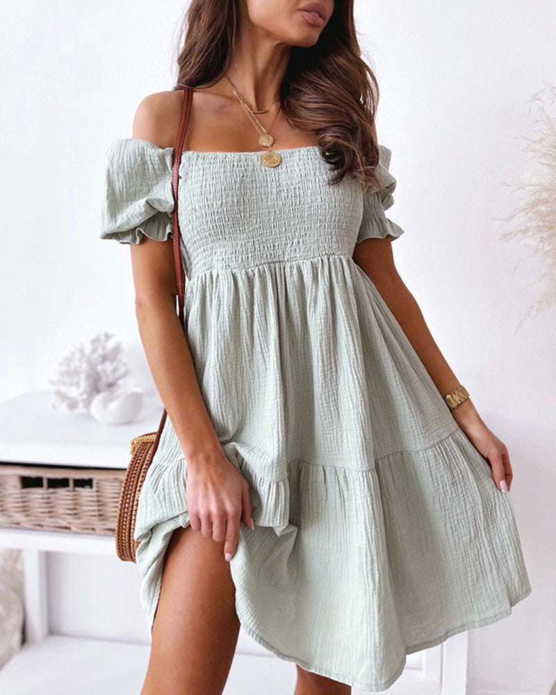 Off Shoulder Summer Casual Dresses Solid Loose Fit Short Flowy Pleated Dress Swing Beach Sundress