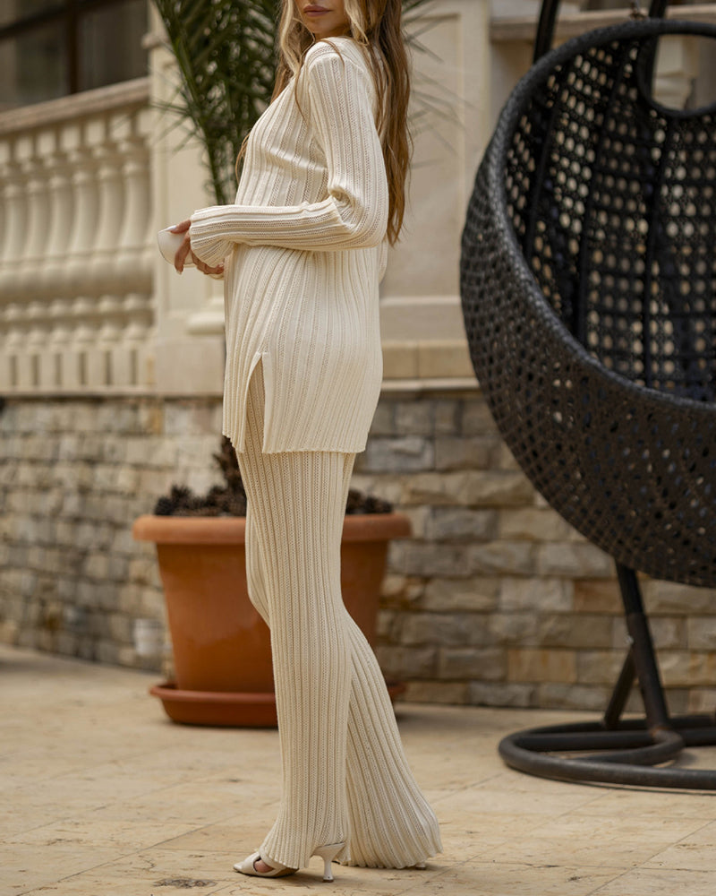 Casual Knitted Two-piece Set Irregular Split Hem Sweater and Wide-leg Pants