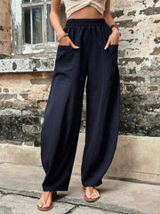 Solid Color Bottoms Elastic Waisted Pant Summer Baggy Trousers Straight Leg Pants