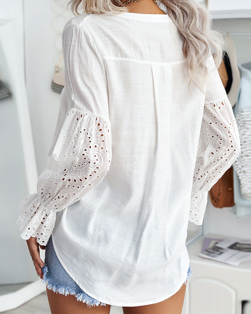 Lace Splicing Button Elegant Long Sleeve Tops Tops Regular Fit Top Fashion Lace Patchwork Shirt