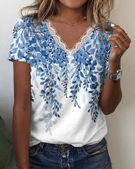 Summer Tee Tops Lace Trim Tunic Short Sleeve V Neck Boho Floral Print Shirts