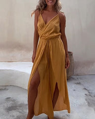 Loose Deep V Neck Slit Pants Jumpsuits Dress