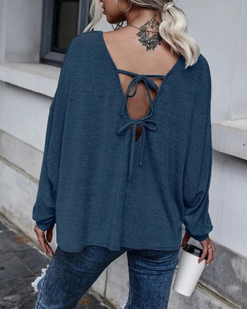 Tie Plunging Back Dolman Sleeve Oversize Top