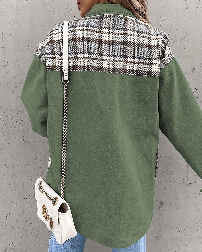 Plaid Patchwork Jackets Lapel Collar Spliced Button Down Pockets Overcoats