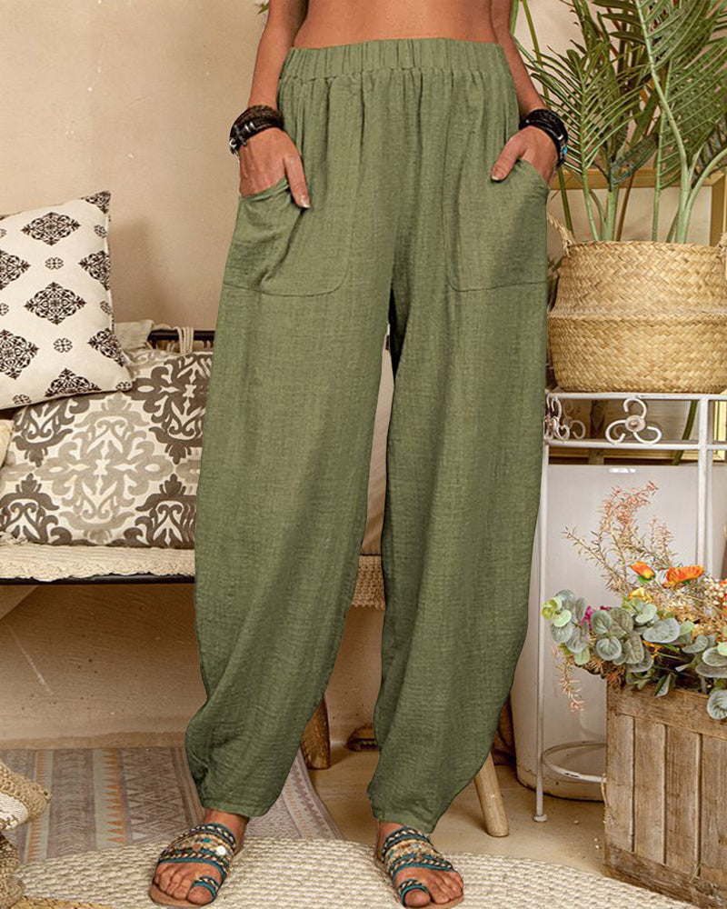 Long Elastic Loose Casual Trousers Harem Pants Pockets Wide Leg Pants