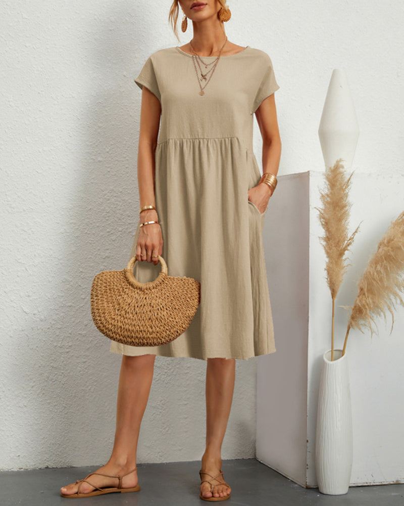 Round Neck Short Sleeve High Waist Dresses Solid Color Casual Holiday Beach Party Sundress