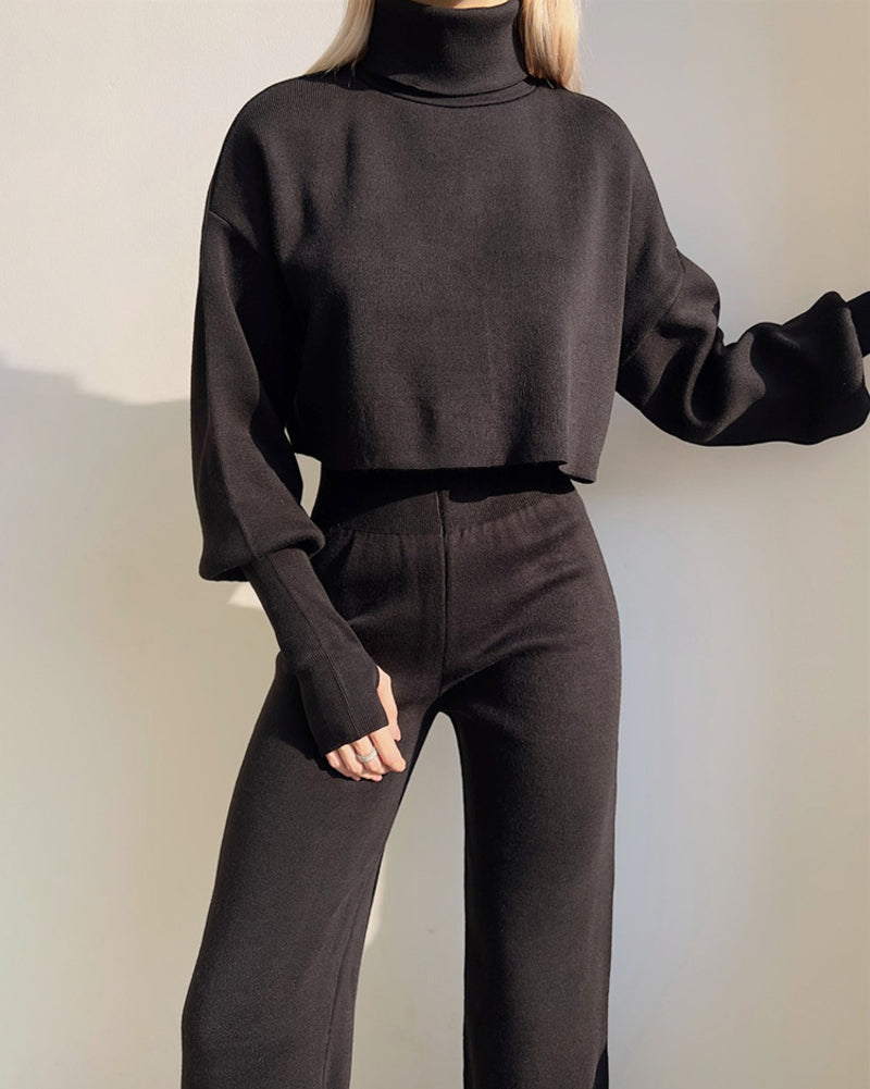 Women's Knitted Two Pieces Sets Turtleneck Cropped Sweater with High-waisted Flared Pants