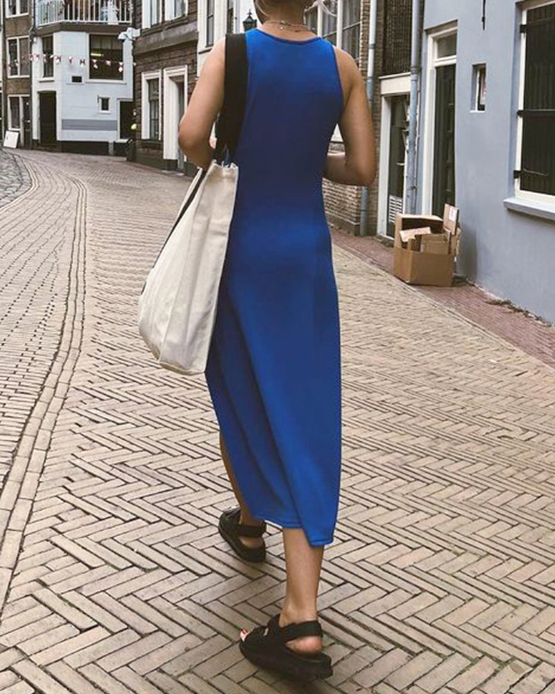 Summer A-Line Knitted Midi Dress Women Sleeveless Solid Sexy Long Dress