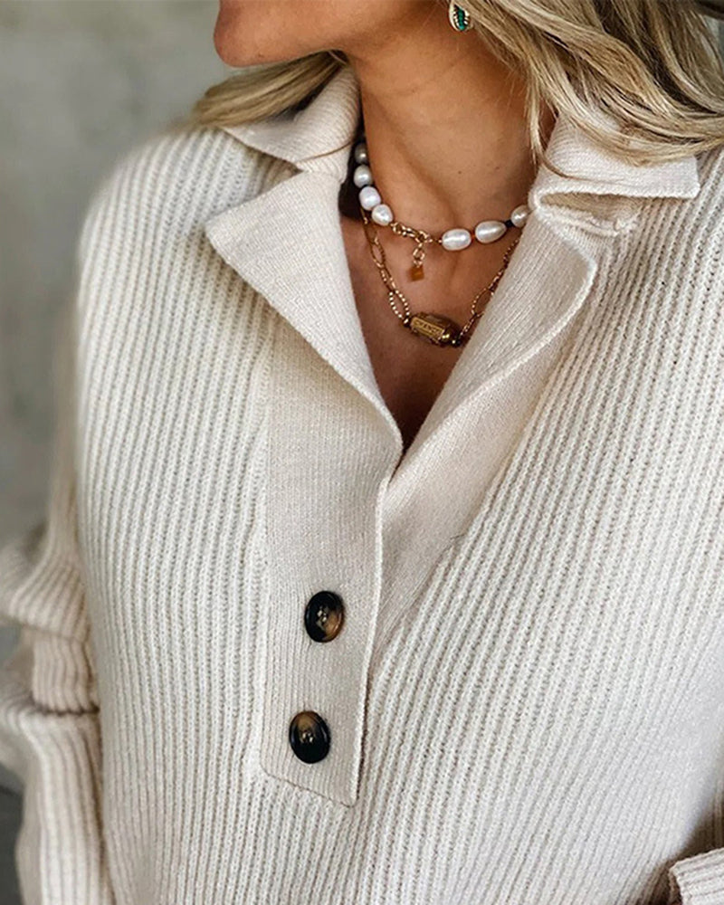 Snap-Buttons Foldover Collar Knitted Pullover Sweater Tops