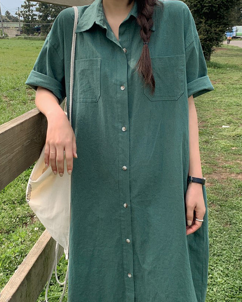 Oversized Button Down Maxi Shirt Dress Short Sleeve Side Split Casual Loose Solid Tunic Dress