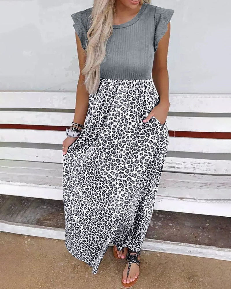 Black Leopard Stitching Long Dress Summer Waist Slimming Maxi Dress