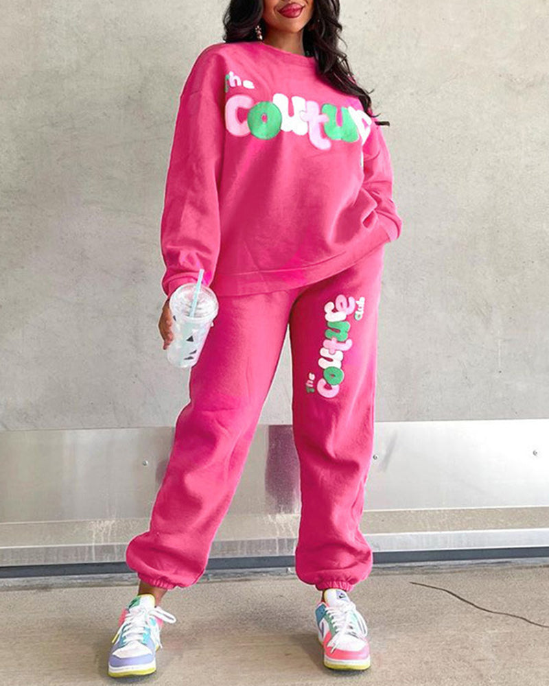 Two Piece Outfits Casual Lounge Sets Printed Round Neck Sweatshirt Pullover with Sweatpants