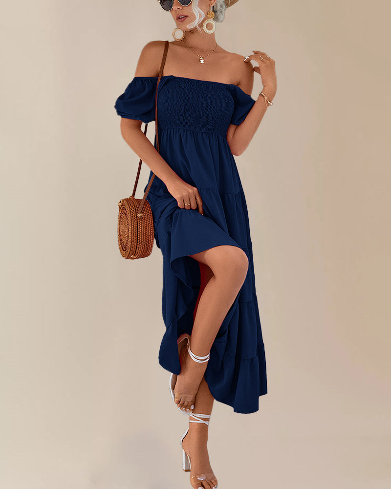 Square Neck Puff Short Sleeve Smocked Boho Maxi Dress Casual Flowy A Line Vacation Long Dress