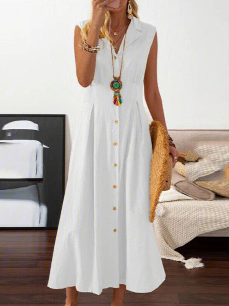 V Neck Lapel Button Down Maxi Dress Sleeveless Casual Beach Long A Line Shirt Sundress