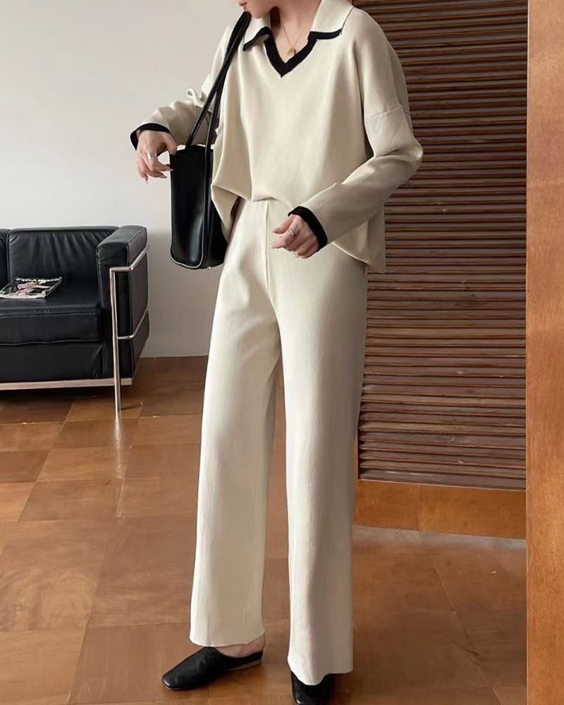 Loose Knitted Two-piece Set Sweaters Pullovers Jumpers + Wide Leg Pants