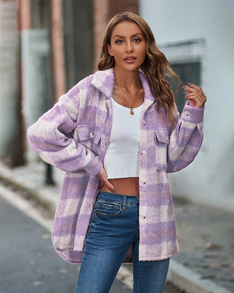 Plaid Fuzzy Longline Jacket with Pockets