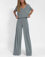 Casual Two Pieces Set Short Sleeve V neck Tops and Wide Leg Long Pants