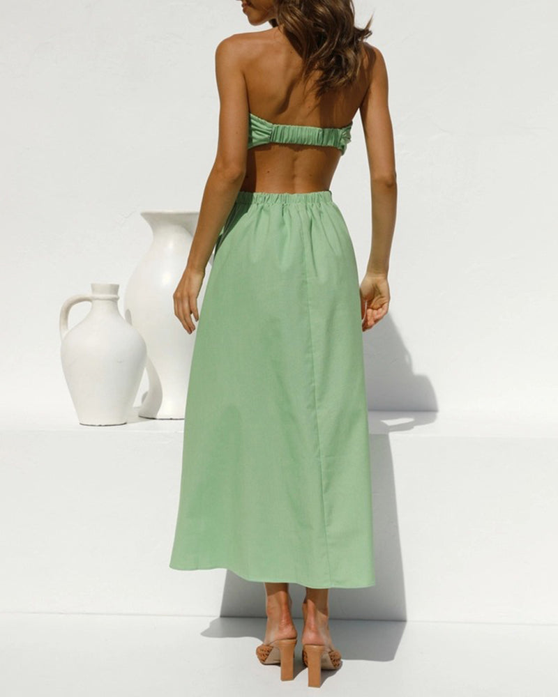 Summer Strapless Dress Off Shoulder Sexy Wrap Dress Solid Color Beach Dress