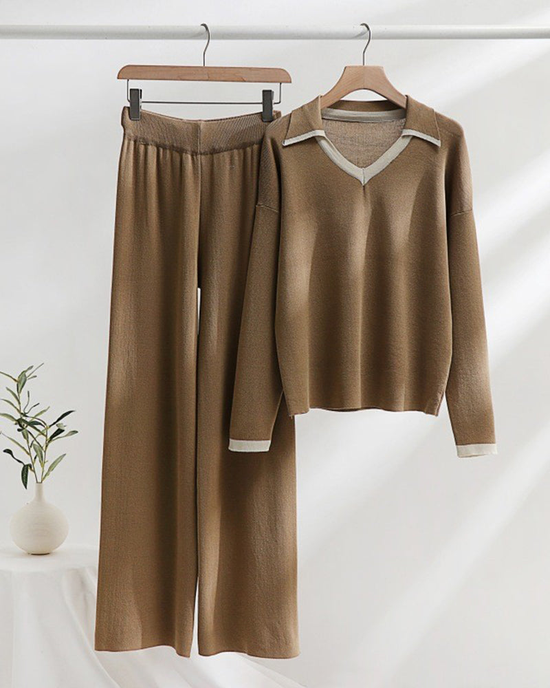 Loose Knitted Two-piece Set Sweaters Pullovers Jumpers + Wide Leg Pants