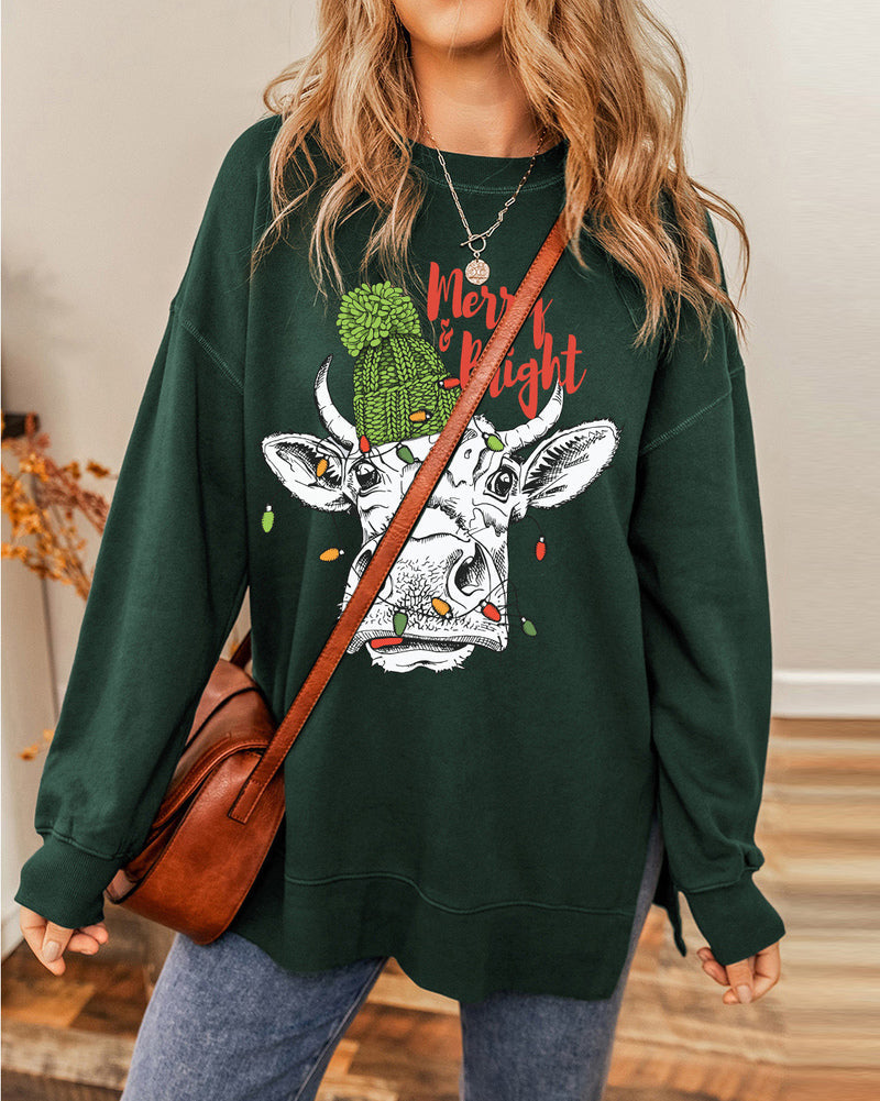 Christmas Cow Merry Bright Round Neck Casual Pullover Sweatshirt
