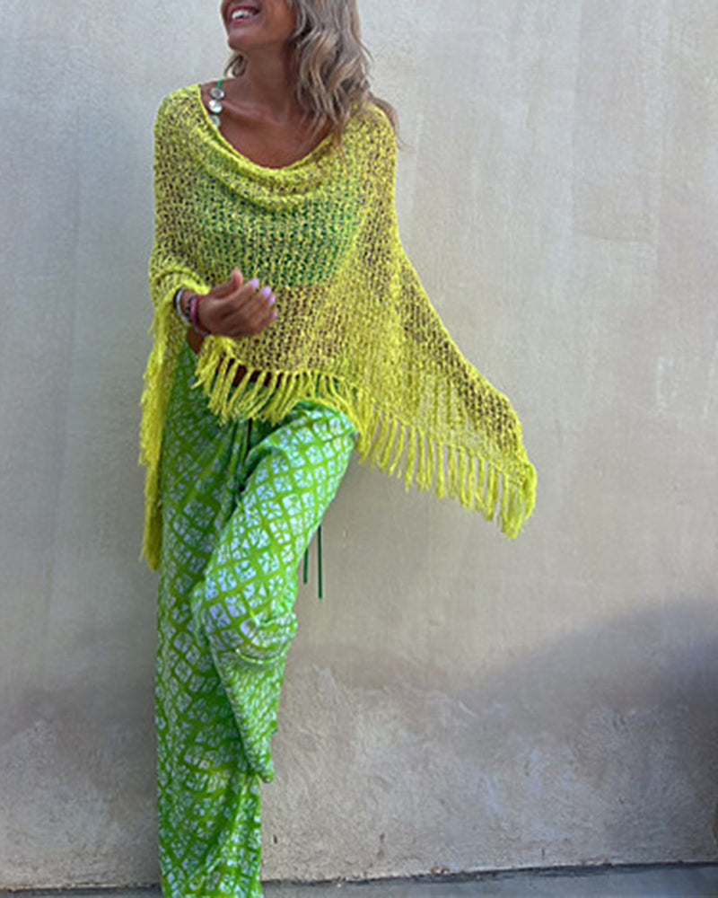 Dolman Sleeve Fringe Knit Sweater Pullover Cape Shawl Blouse