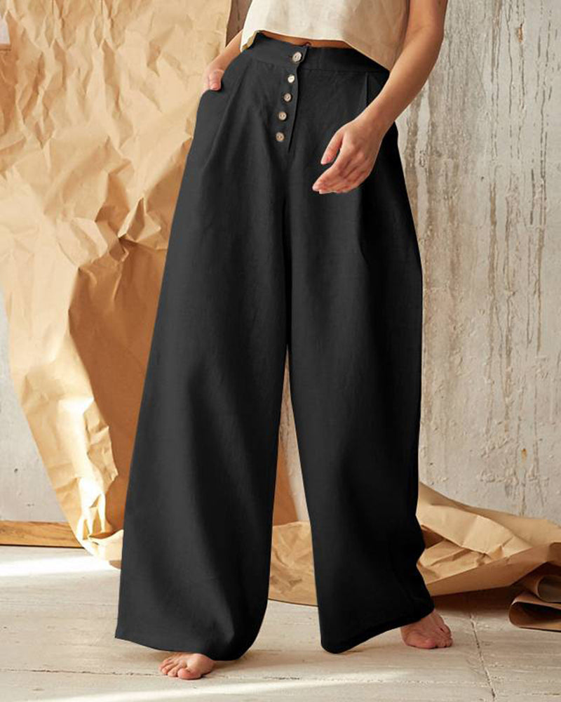 Solid Color High Waist Casual Button Wide Leg Pant