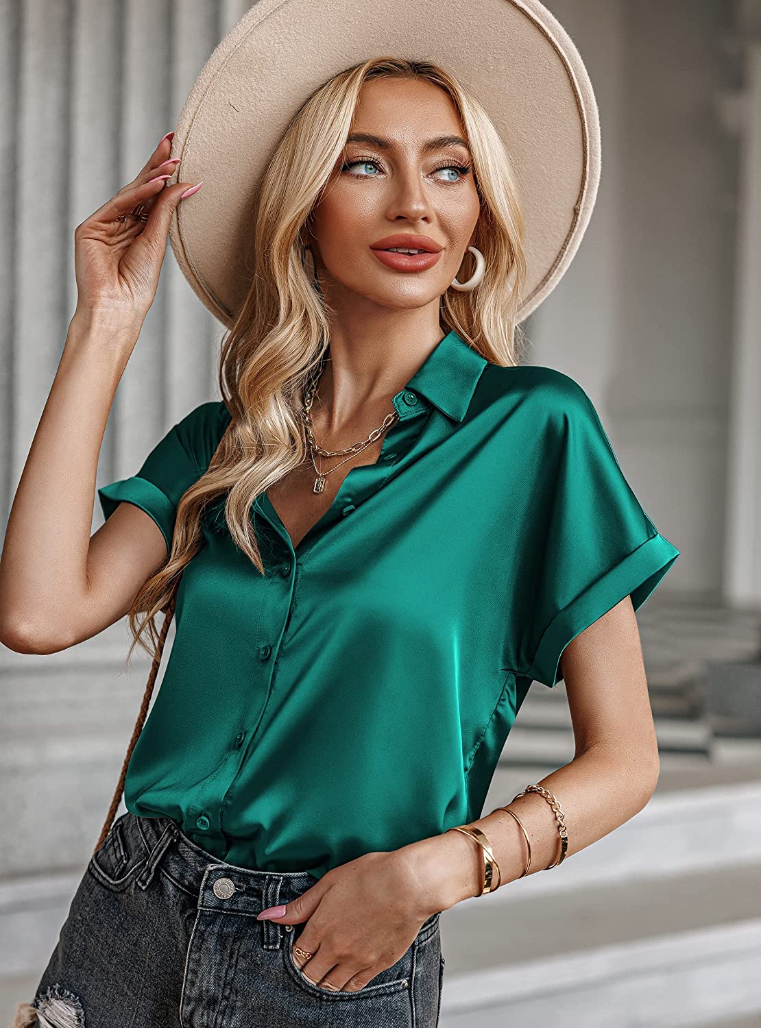 Silk Blouse for Women Short Sleeve Satin Button Down Shirts Casual Loose V-Neck Business Work Tunic Top - Zeagoo (Us Only)