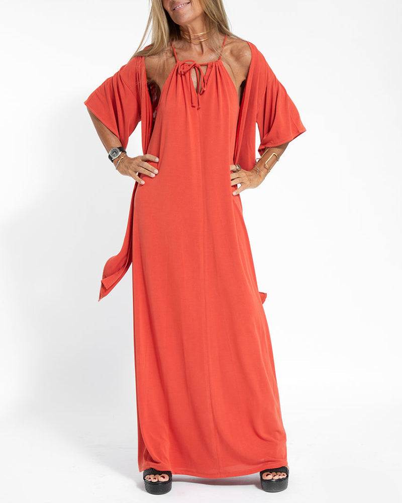 Two-piece Halterneck Tie Sleeveless Long Dress and Irregular Cardigan Set