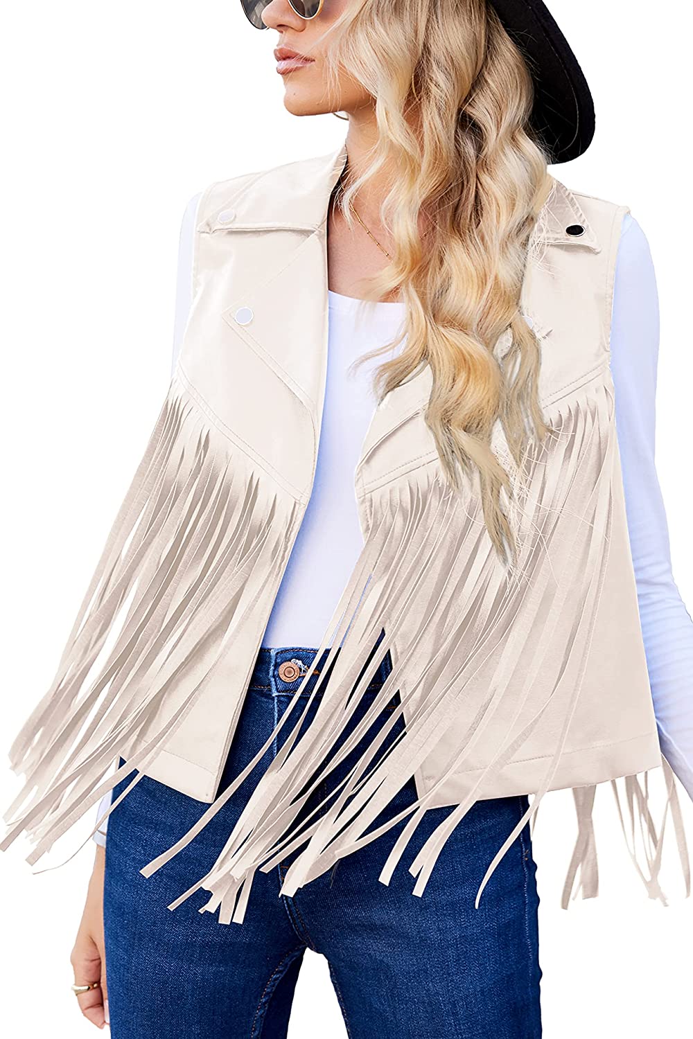Women Faux Leather Vest Lapel Sleeveless Drape Tassel Open Front PU Fringe Jacket S-XXL - Zeagoo (Us Only)
