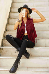 Women Faux Leather Vest Lapel Sleeveless Drape Tassel Open Front PU Fringe Jacket S-XXL - Zeagoo (Us Only)