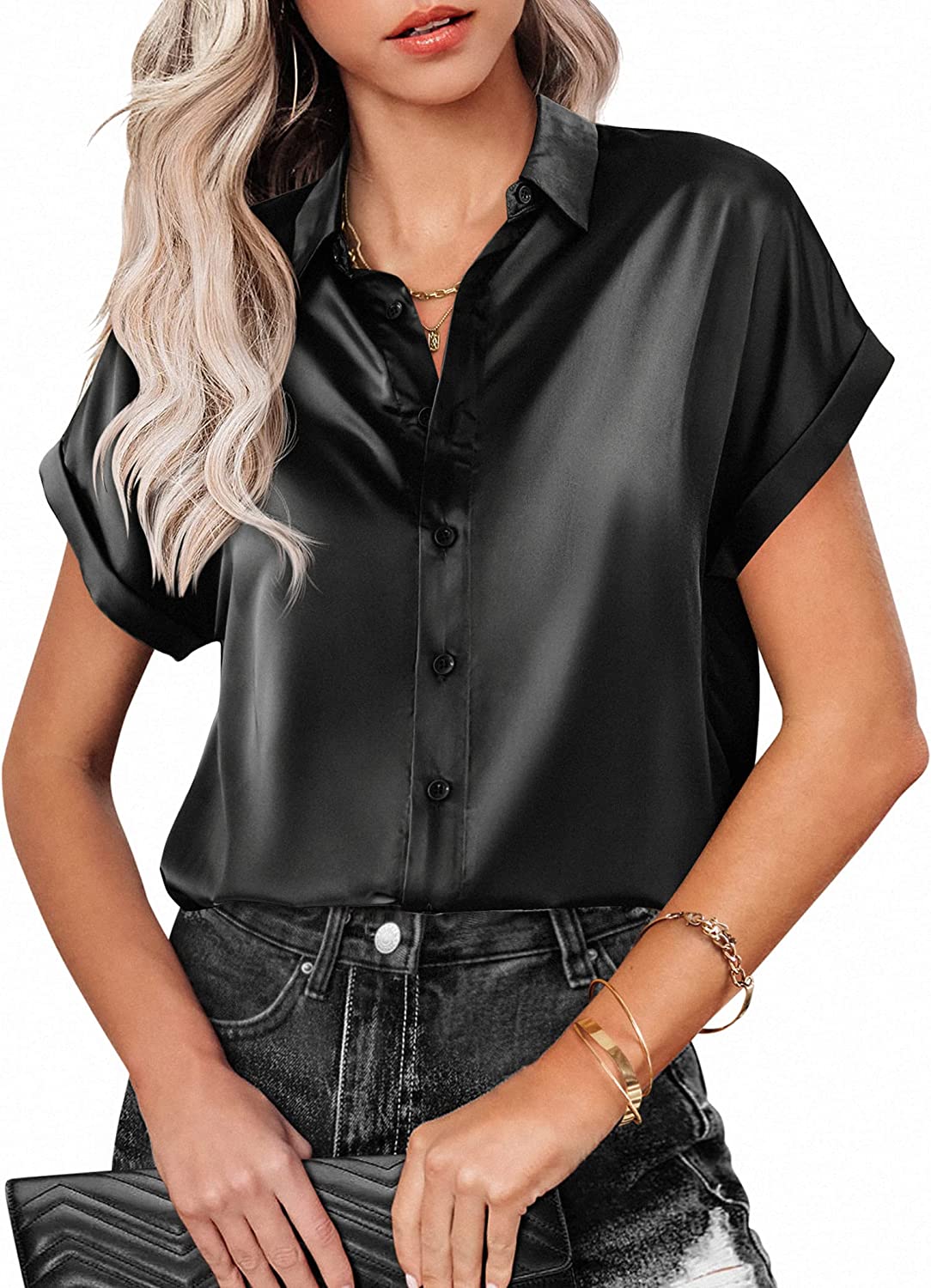 Silk Blouse for Women Short Sleeve Satin Button Down Shirts Casual Loose V-Neck Business Work Tunic Top - Zeagoo (Us Only)