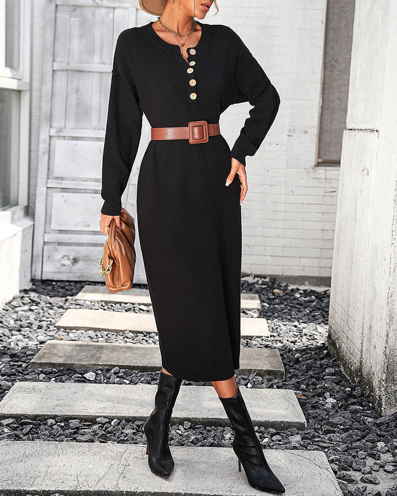 Sweater Maxi Dress Long Sleeve Button V Neck Knitted Dresses Oversized Loose Fashion Streetwear