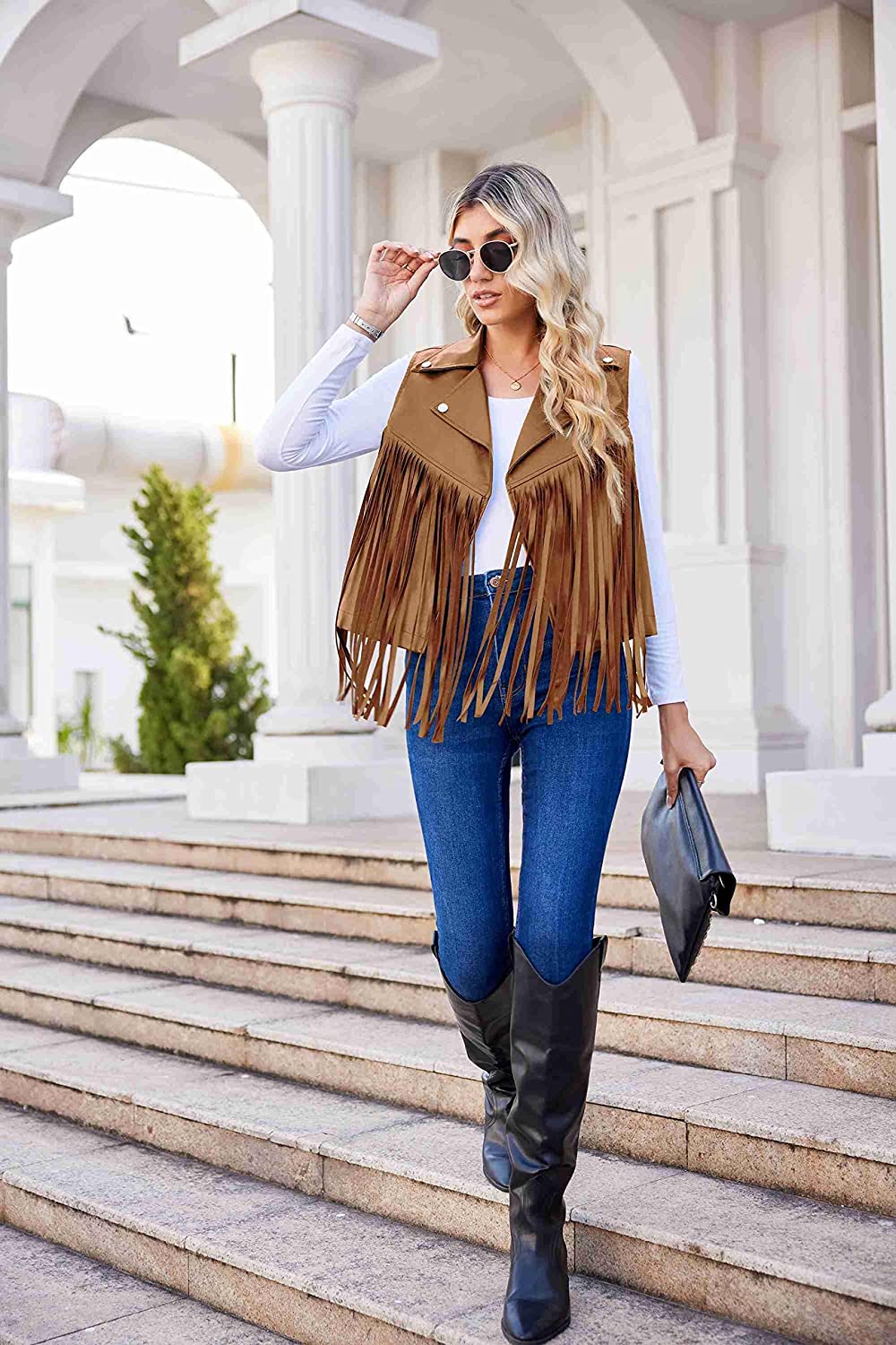 Women Faux Leather Vest Lapel Sleeveless Drape Tassel Open Front PU Fringe Jacket S-XXL - Zeagoo (Us Only)