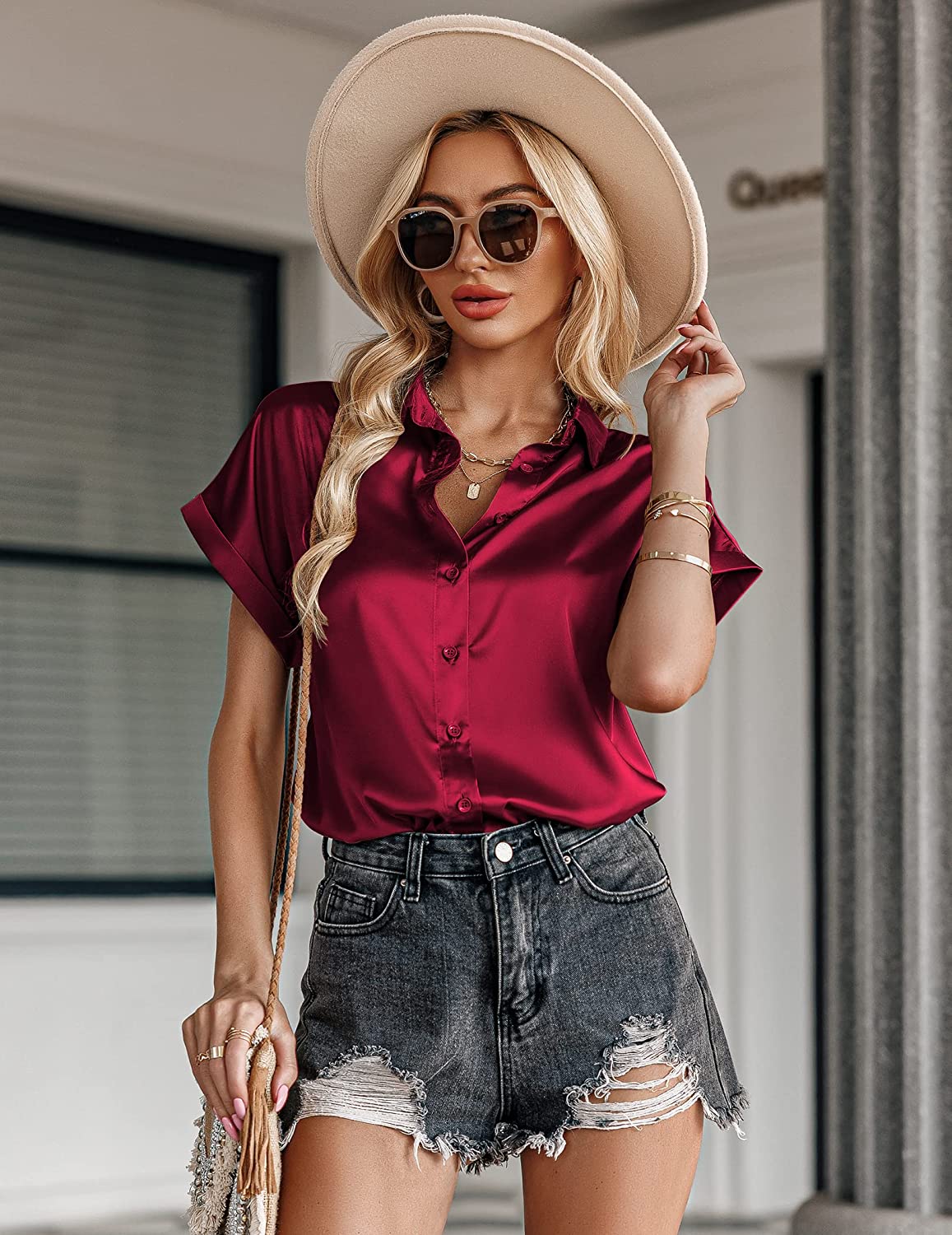 Silk Blouse for Women Short Sleeve Satin Button Down Shirts Casual Loose V-Neck Business Work Tunic Top - Zeagoo (Us Only)