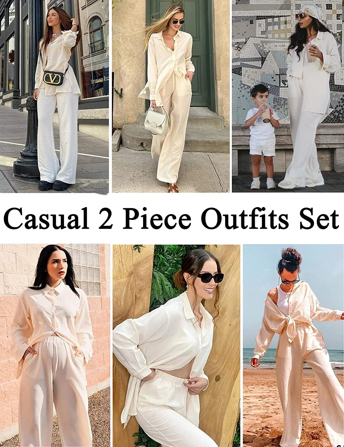 Women 2 Piece Outfits Sets Linen Button Down Long Sleeve Shirts and Wide Leg Pants Sets - Zeagoo (Us Only)