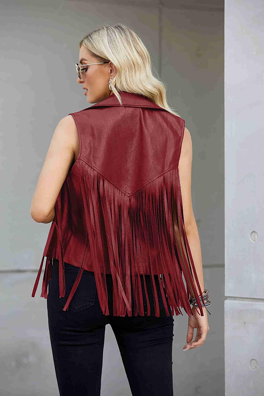 Women Faux Leather Vest Lapel Sleeveless Drape Tassel Open Front PU Fringe Jacket S-XXL - Zeagoo (Us Only)