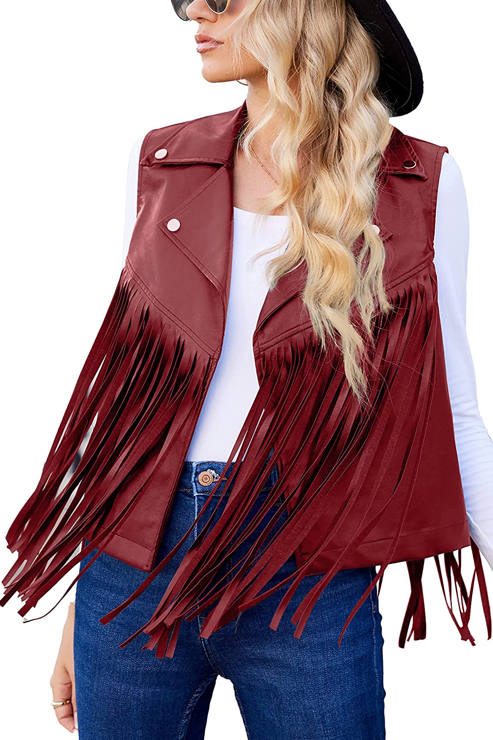 Women Faux Leather Vest Lapel Sleeveless Drape Tassel Open Front PU Fringe Jacket S-XXL - Zeagoo (Us Only)