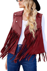 Women Faux Leather Vest Lapel Sleeveless Drape Tassel Open Front PU Fringe Jacket S-XXL - Zeagoo (Us Only)