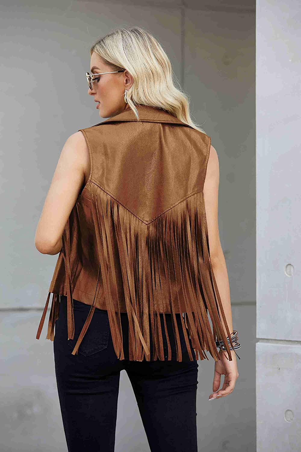 Women Faux Leather Vest Lapel Sleeveless Drape Tassel Open Front PU Fringe Jacket S-XXL - Zeagoo (Us Only)