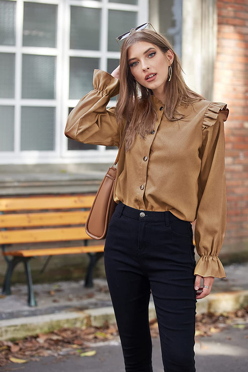 Women Corduroy Shirts Long Sleeve Button Down Shacket Jacket Ruffle Blouses Top S-XXL - Zeagoo (Us Only)
