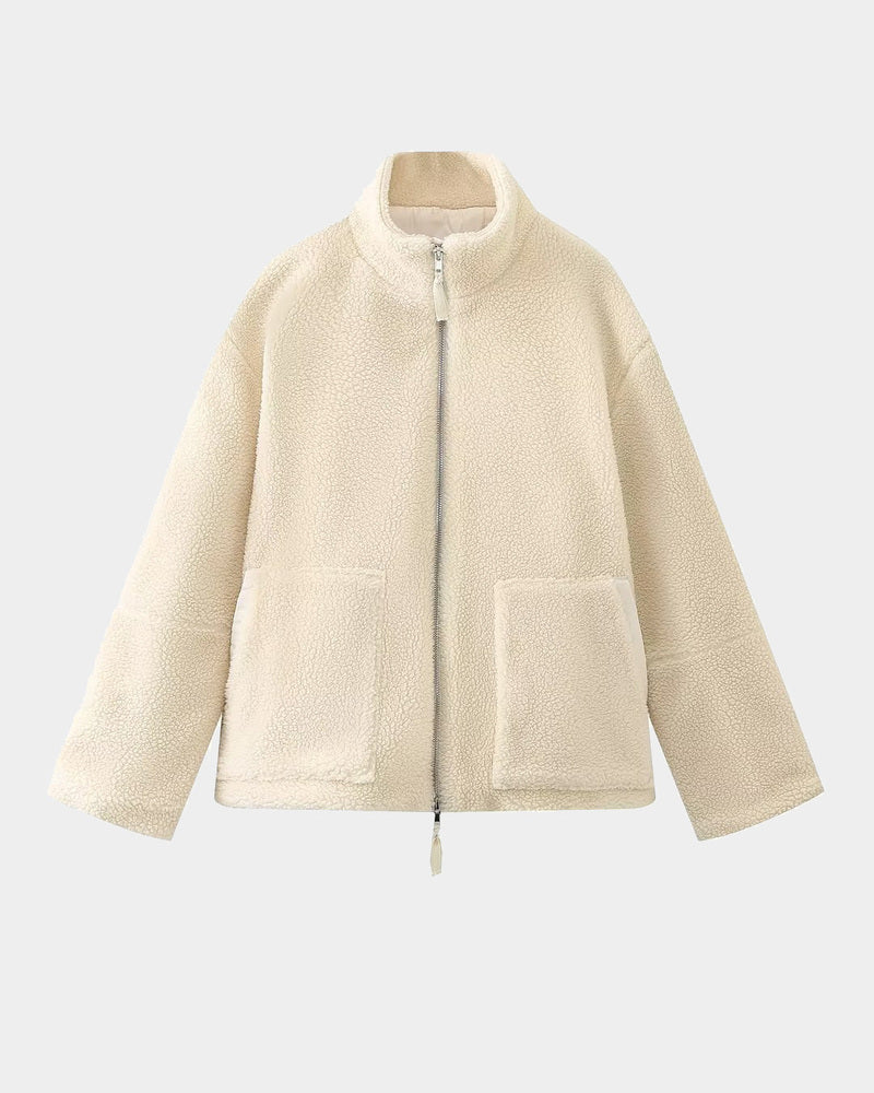 Teddy Fleece Jacket Cozy High Collar Zip-up Coat Fuzzy Winter Outwear with Pockets