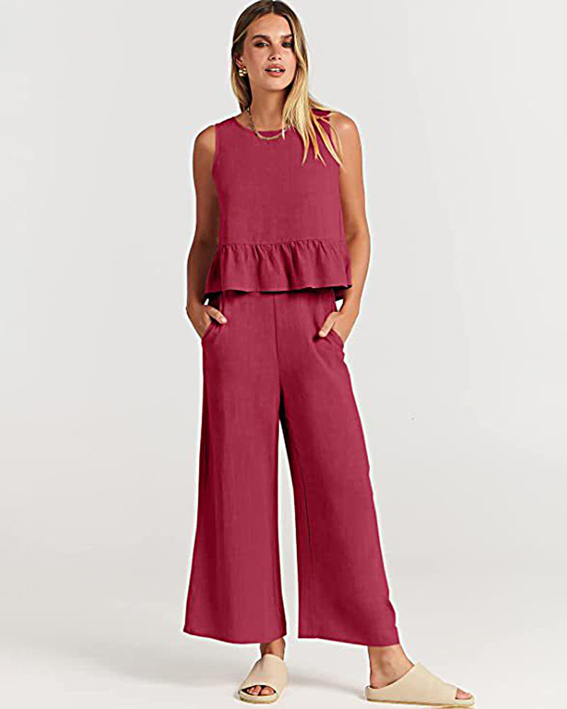 2 Piece Outfits Sleeveless Ruffle Tank Crop Top and Wide Leg Pants Lounge Set with Pockets