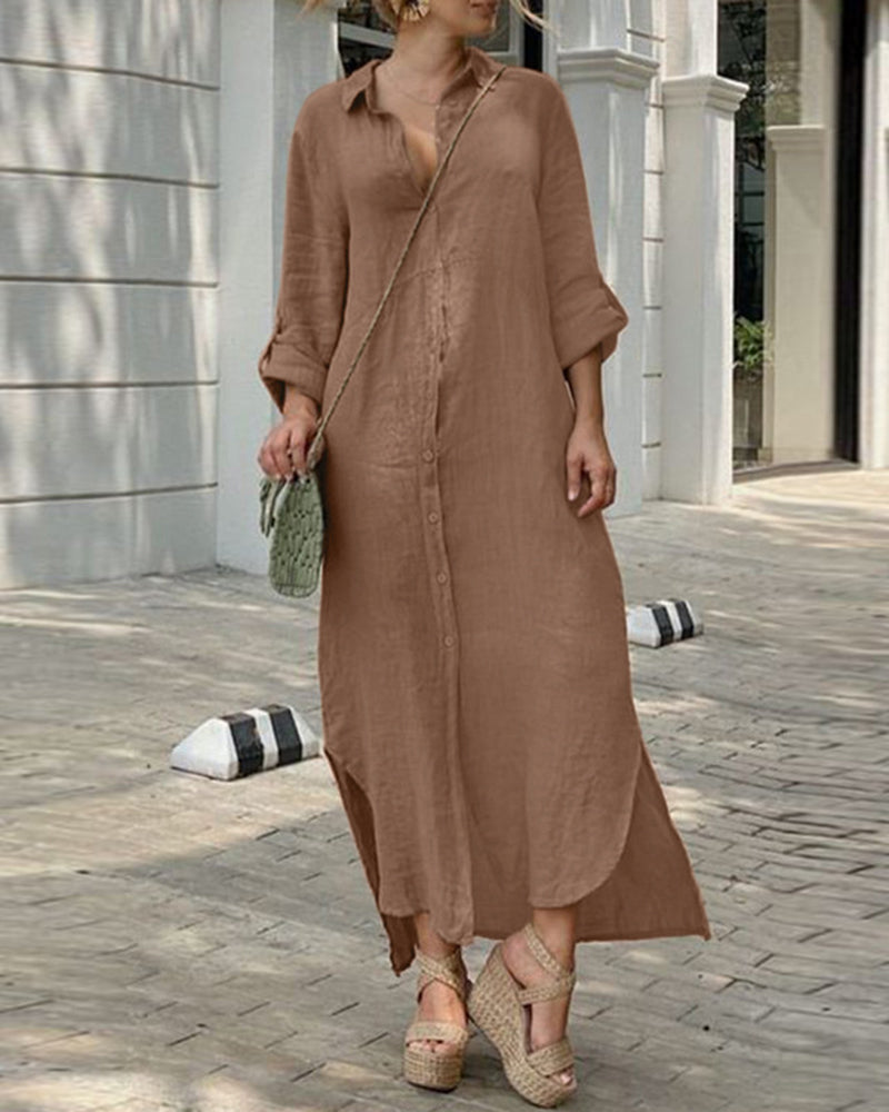 Casual Long Sleeve Button Front Maxi Shirt Dresses