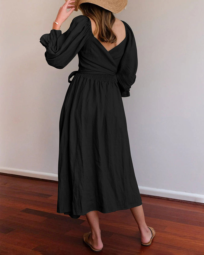 Rope Belt Ruffle Balloon Sleeve Dress Multi-Wear Elegant Midi Dress