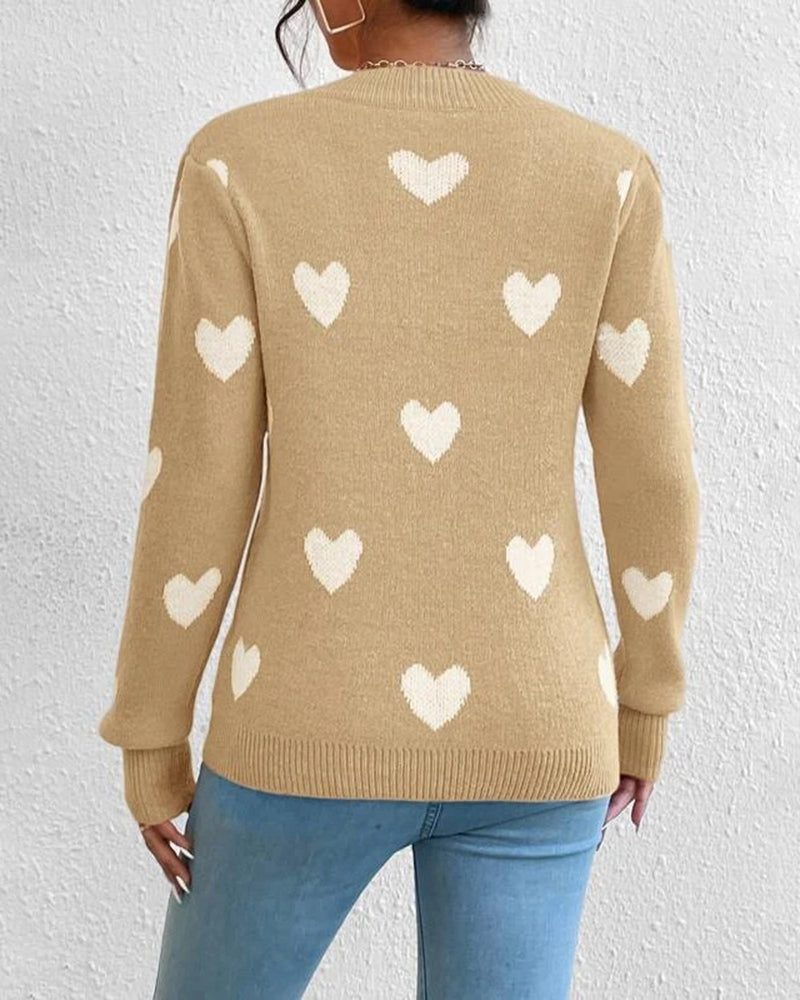 Casual Slim Peach Heart Pattern Long Sleeve Sweater