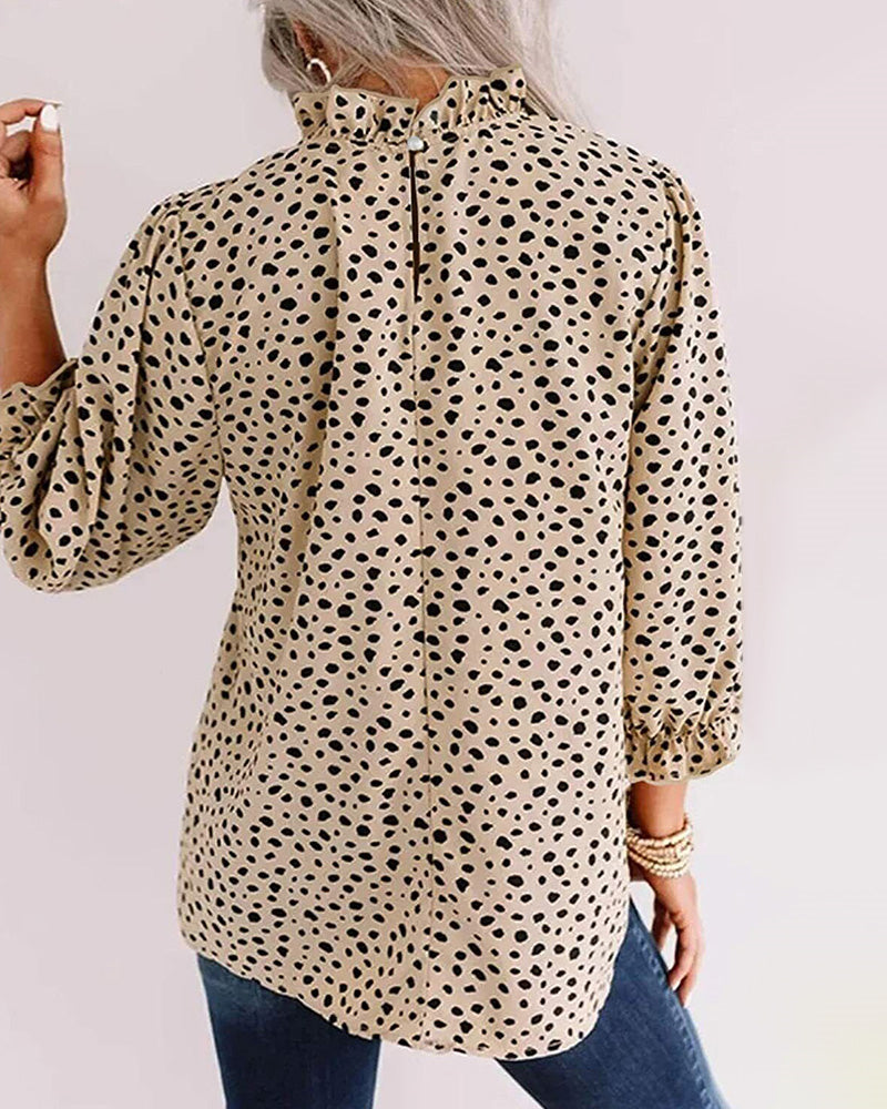 Leopard Printed Long Sleeve Ruffle Hem Babydoll Blouse Shirt Tunic Top