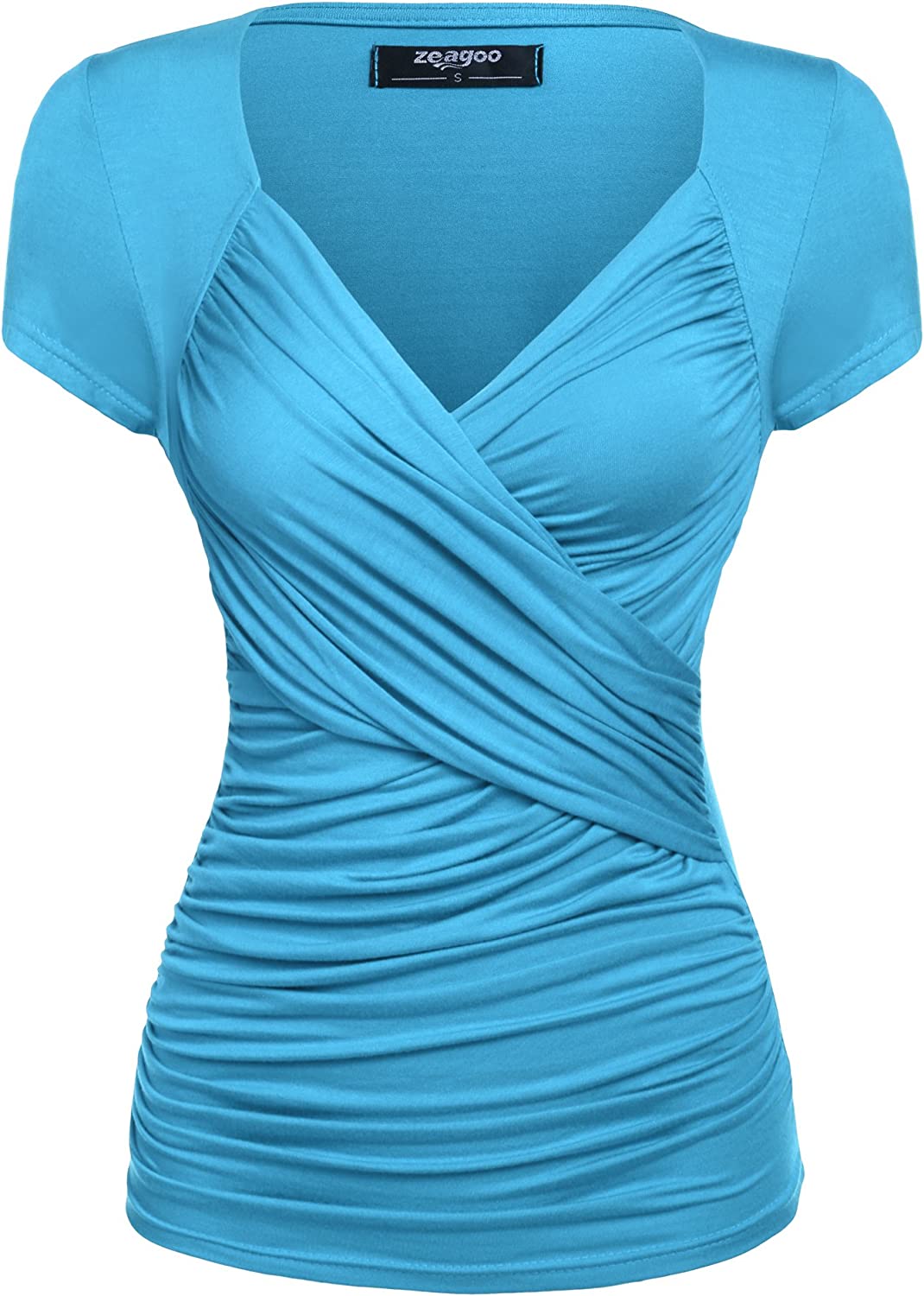 Women's Cross-Front V Neck Ruched Short Sleeve Blouses Shirts Tops S-XXL - Zeagoo (Us Only)