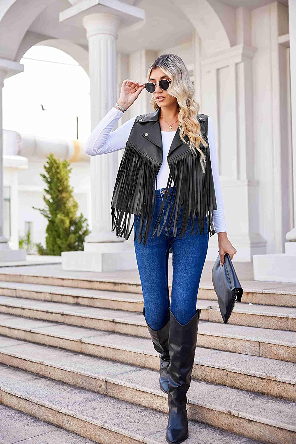 Women Faux Leather Vest Lapel Sleeveless Drape Tassel Open Front PU Fringe Jacket S-XXL - Zeagoo (Us Only)